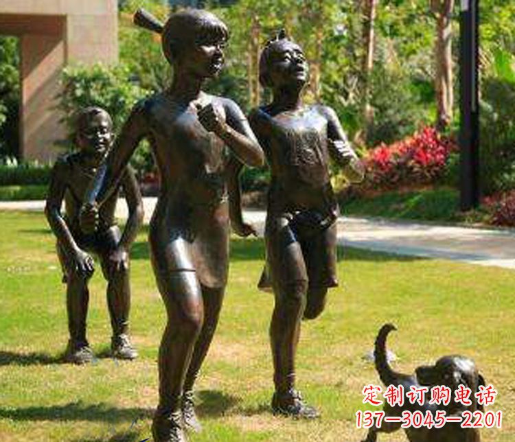 泉州宁夏中领雕塑推出的儿童铜雕跑步遛狗,一款…