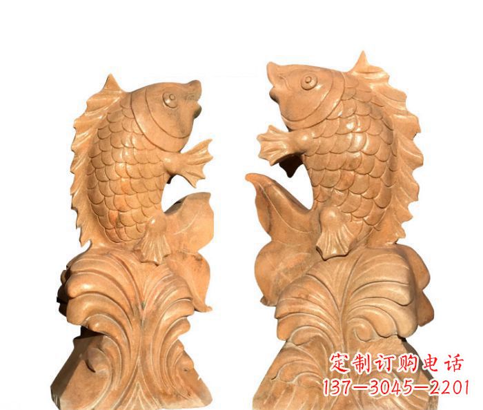 泉州中领雕塑:精美的鲤鱼喷水晚霞红石雕