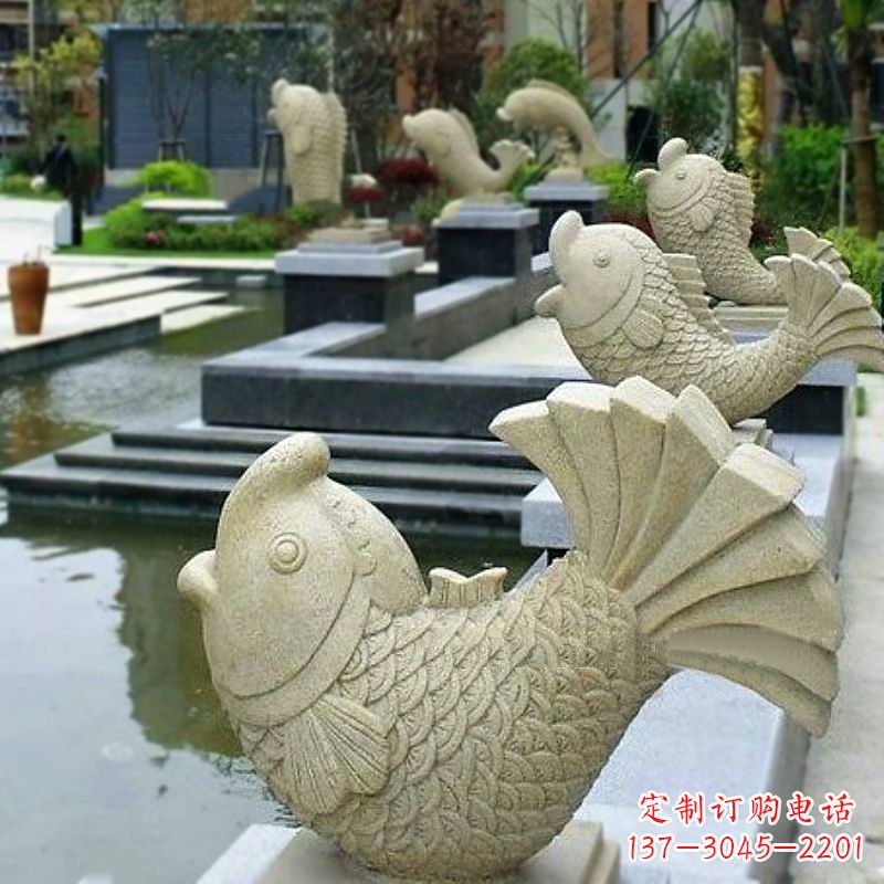 泉州喷水鱼砂岩石雕-园林水池雕塑