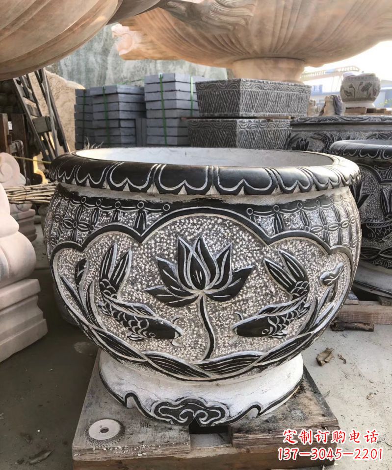 泉州青石仿古荷花水缸雕塑