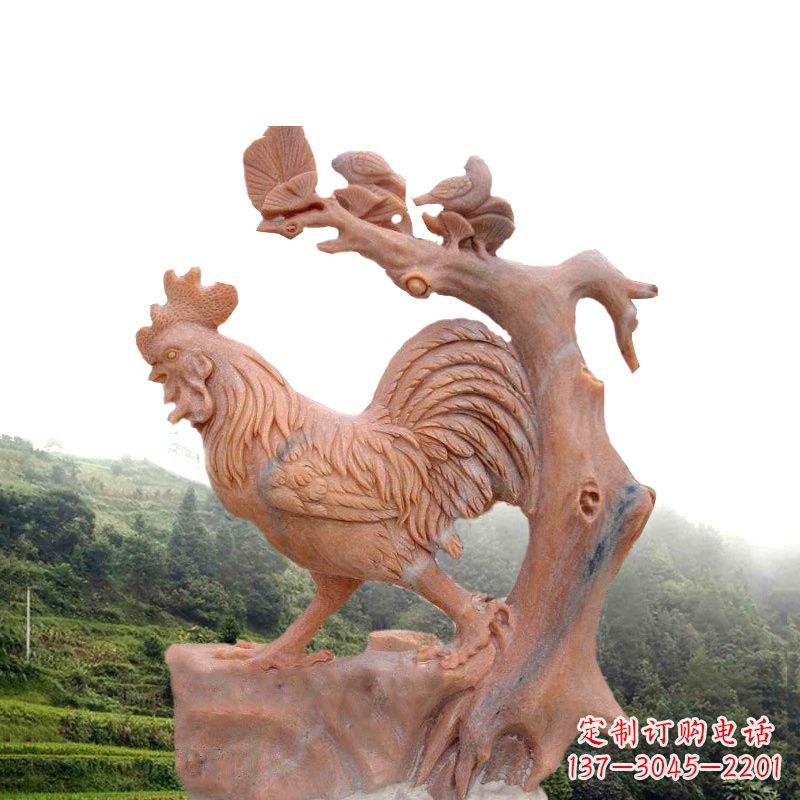 泉州生肖动物酉鸡晚霞红石雕