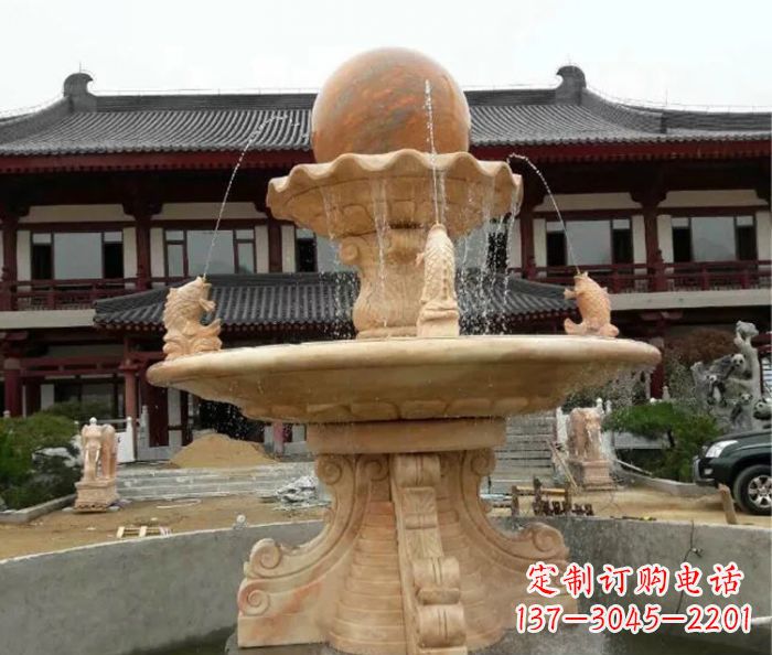 泉州双层风水球喷泉晚霞红石雕