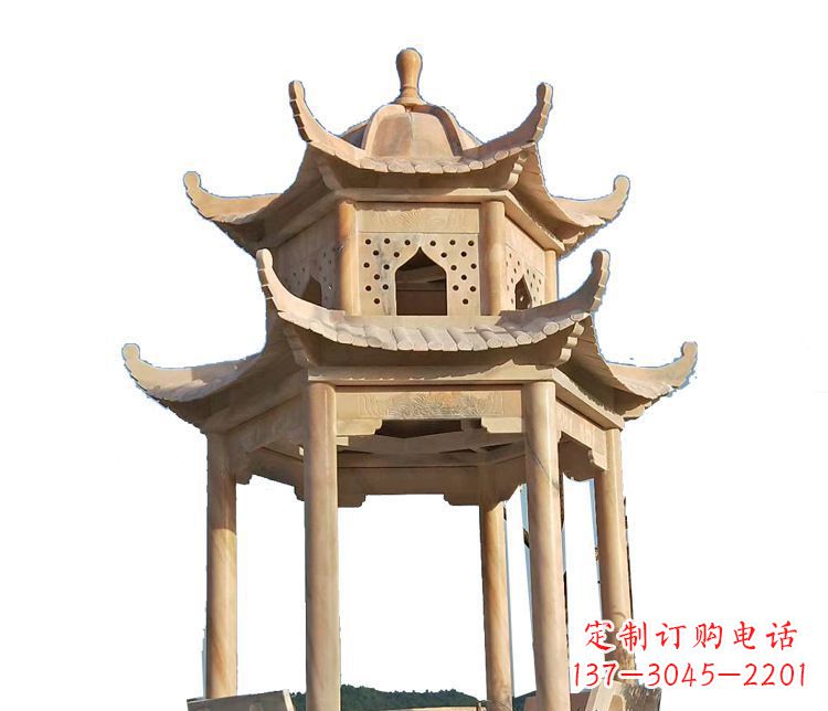 泉州双层晚霞红凉亭石雕 (2)