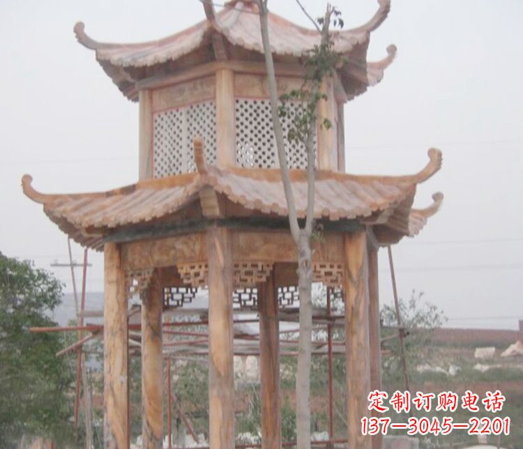 泉州双层晚霞红石凉亭石雕 (2)