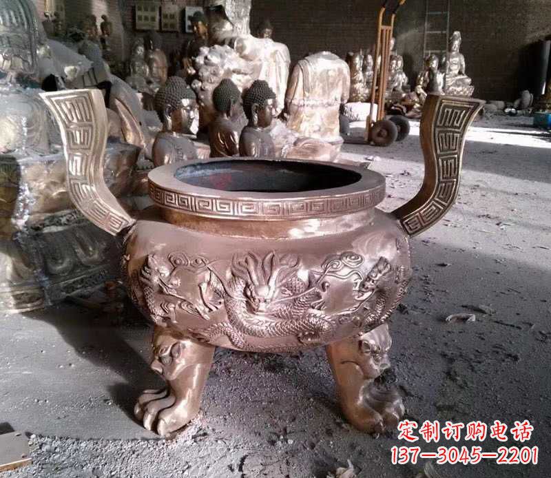 泉州寺庙龙浮雕圆铜雕香炉