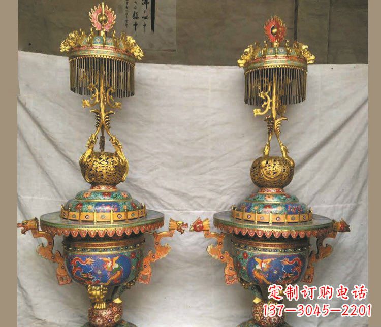 泉州铜雕彩绘香炉景观摆件