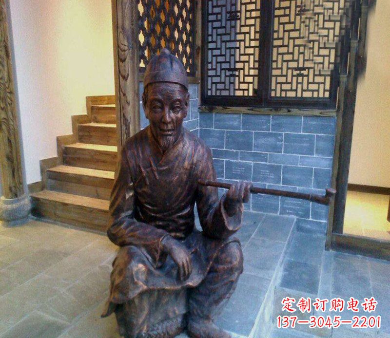 泉州铜雕店小二吸烟庭院人物雕塑
