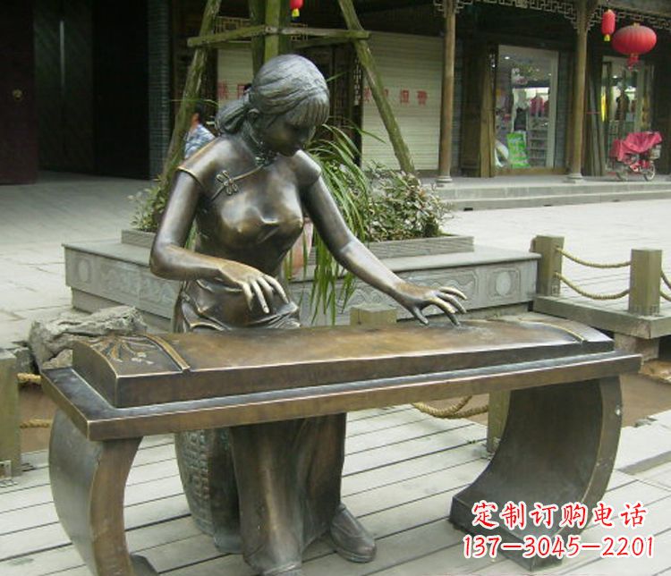 泉州铜雕现代人物弹古筝雕塑