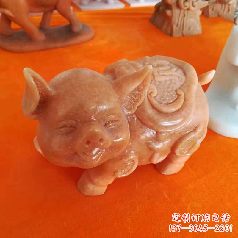 泉州晚霞红大理石招财猪雕塑-企业商场创意生肖动物风水摆件