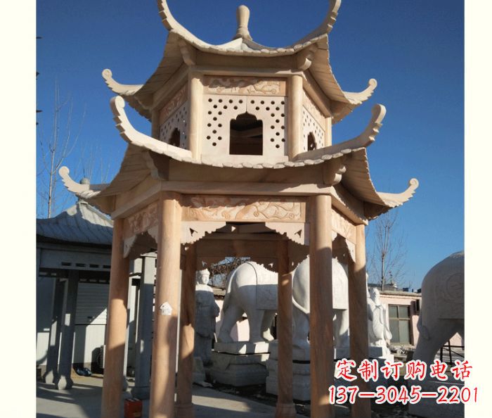 泉州晚霞红公园双层六角凉亭石雕 (2)