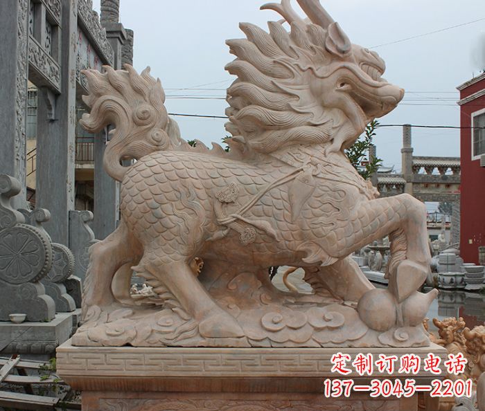 泉州晚霞红古代神兽麒麟石雕