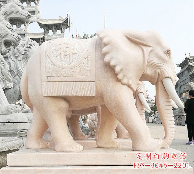 泉州晚霞红吉祥如意大象石雕
