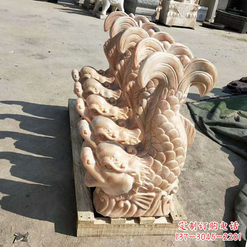 泉州晚霞红喷水鱼石雕-园林水景喷泉动物雕塑摆件