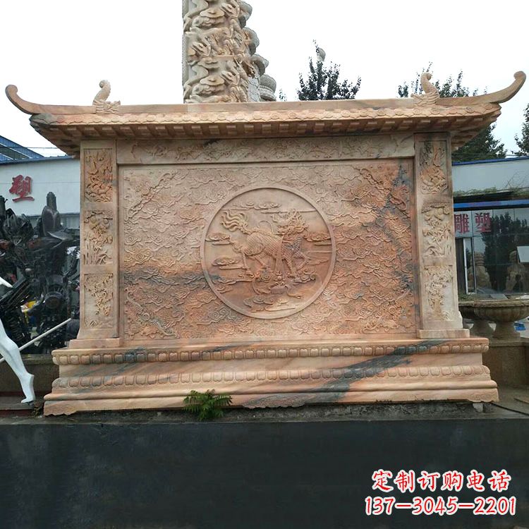 泉州晚霞红麒麟影壁墙石雕