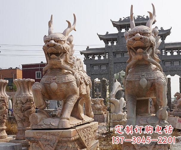 泉州晚霞红瑞兽麒麟石雕 (2)