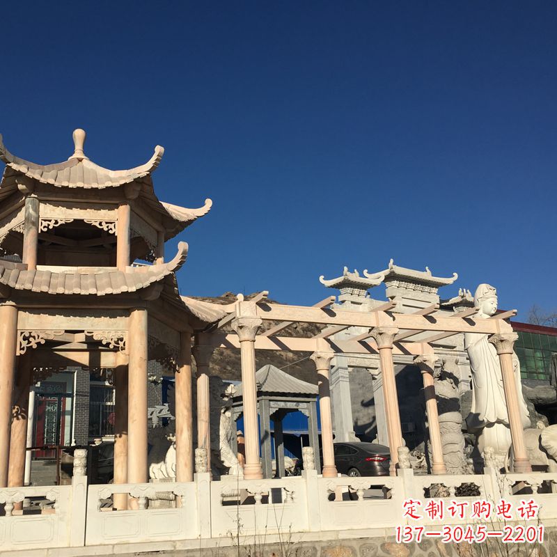 泉州晚霞红石雕凉亭花架