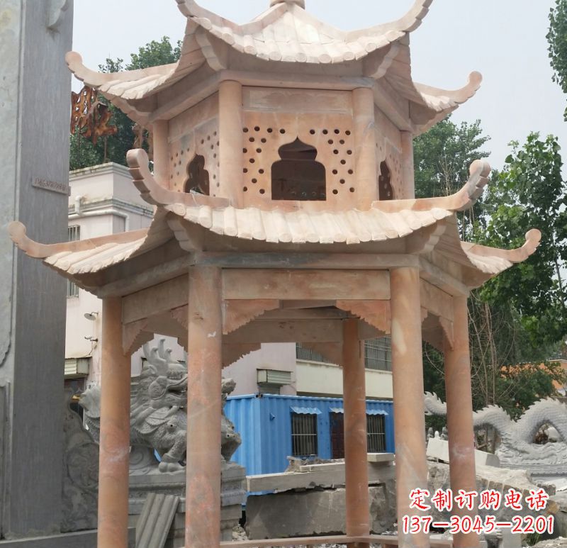 泉州晚霞红双层六角凉亭石雕 (2)