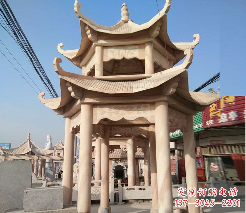 泉州晚霞红双层六角凉亭石雕 (3)