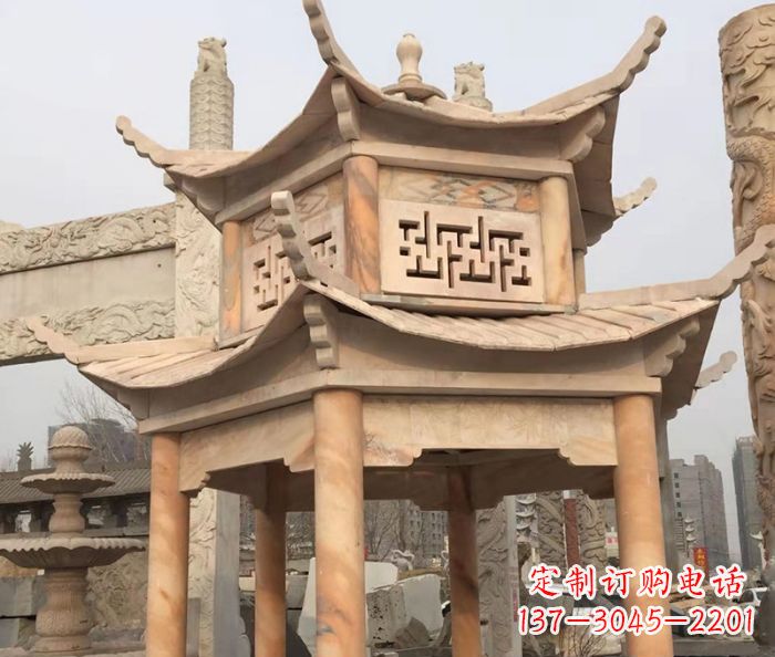泉州晚霞红双层石雕凉亭