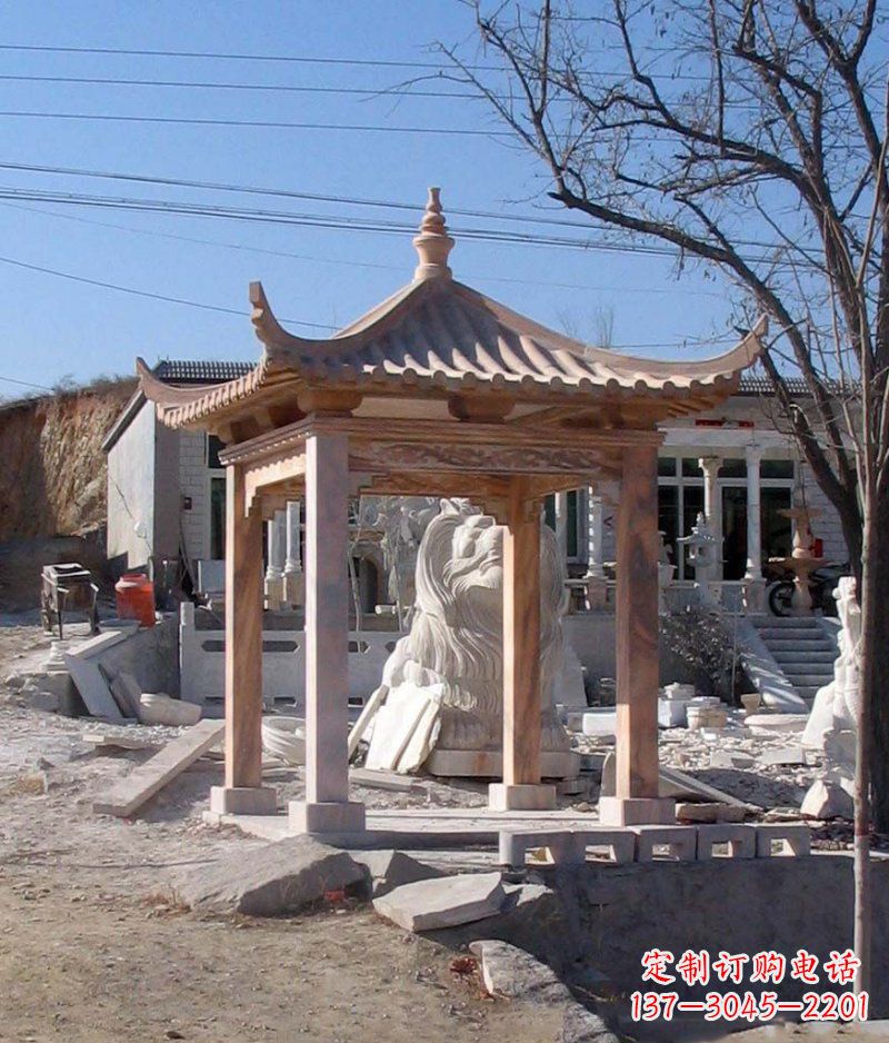 泉州晚霞红四角凉亭景观石雕