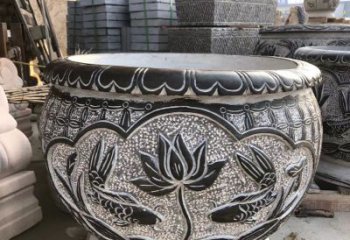 泉州青石仿古荷花水缸雕塑