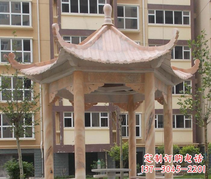 泉州小区晚霞红六角凉亭石雕
