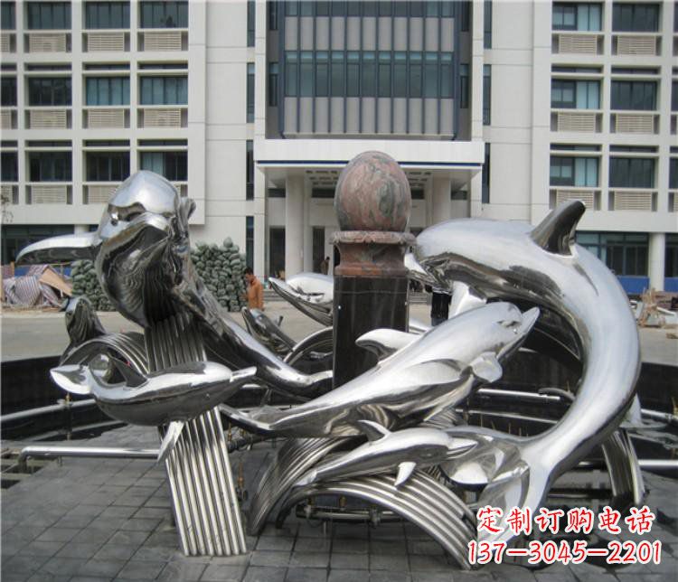 泉州校园不锈钢海豚海浪雕塑