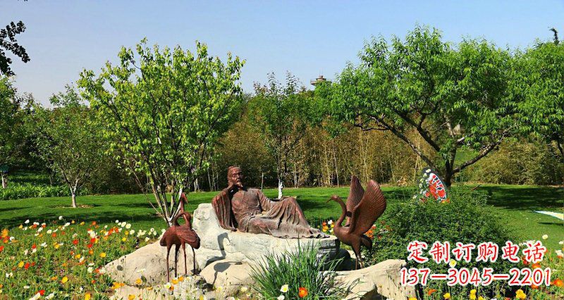 泉州园林古代人物仙鹤景观铜雕