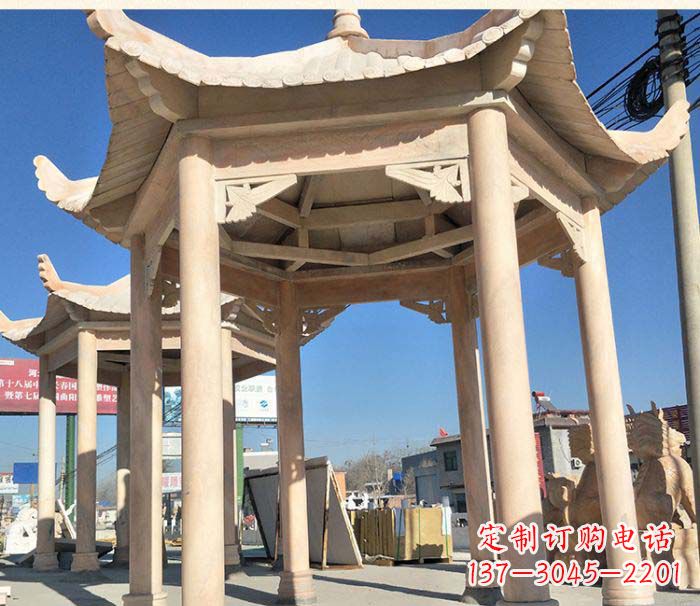 泉州园林景观晚霞红六角石雕凉亭 (2)
