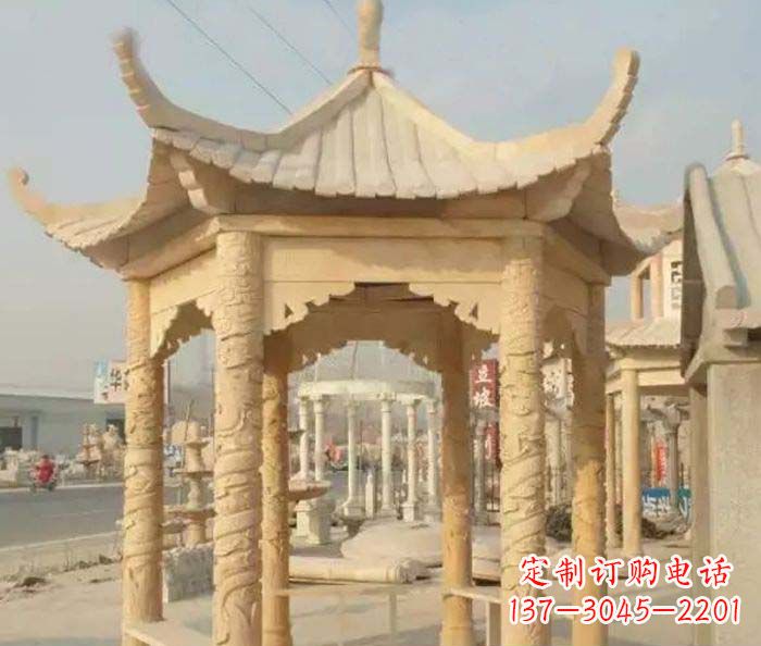 泉州园林景观晚霞红六角石雕凉亭 (3)