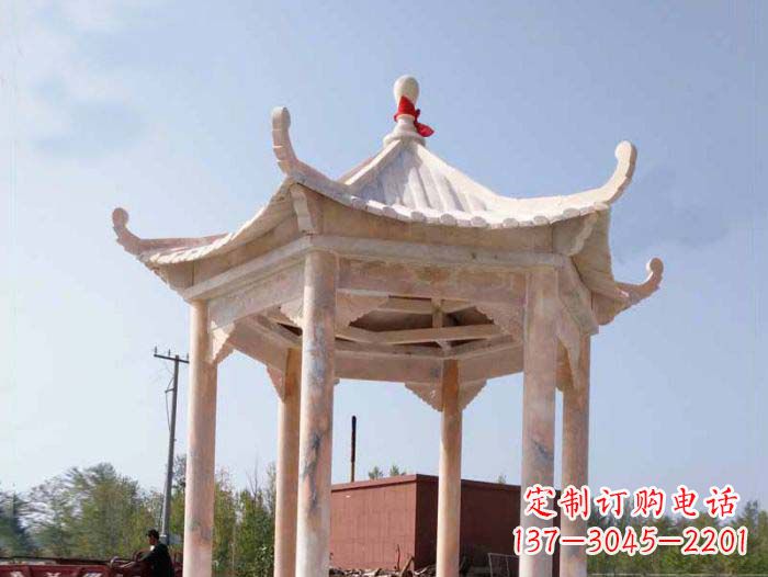 泉州园林景观晚霞红六角石雕凉亭