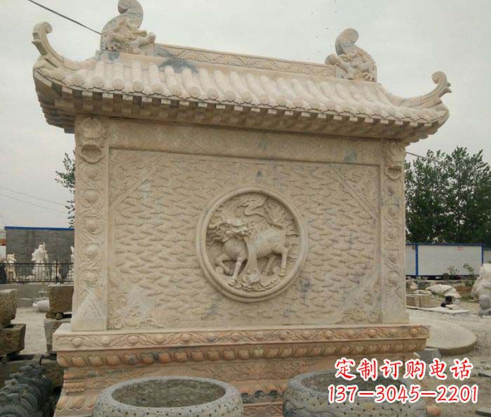 泉州园林景观晚霞红石雕影壁
