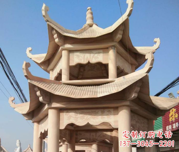 泉州园林景观晚霞红双层石雕凉亭 (2)
