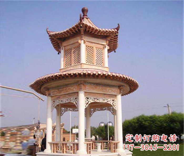 泉州园林景观晚霞红双层石雕凉亭 (4)