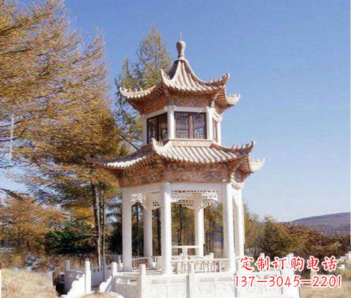 泉州园林景观晚霞红双层石雕凉亭 (3)