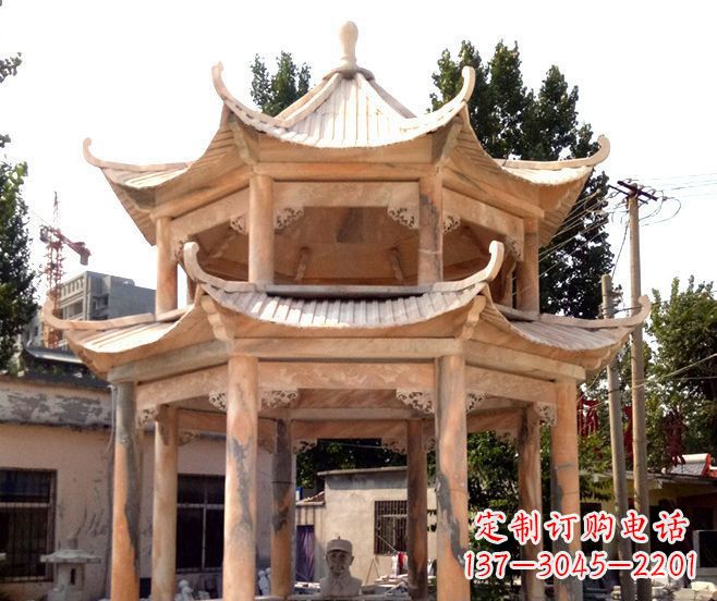 泉州园林景观晚霞红双层石雕凉亭