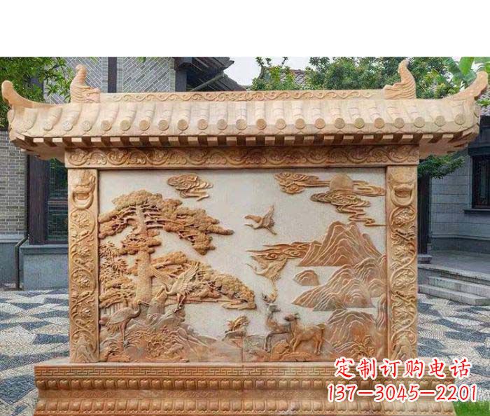 泉州园林景观晚霞红松鹤石浮雕影壁