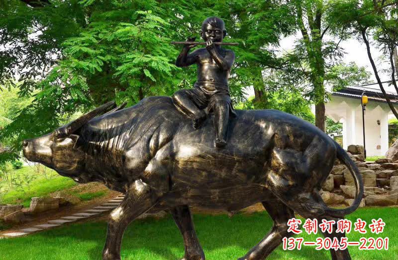 泉州园林牧童骑牛铜雕