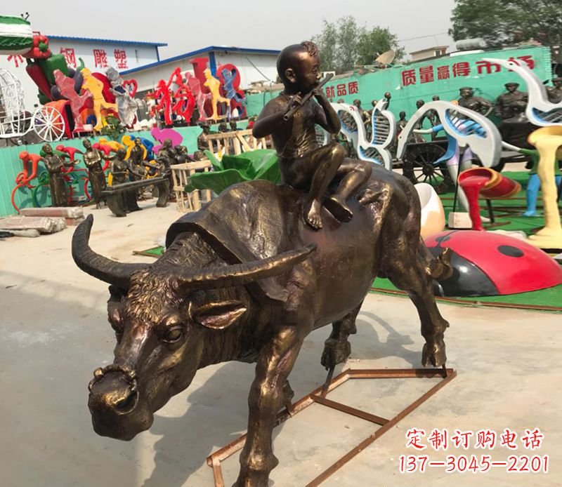 泉州园林牧童骑牛铜雕塑