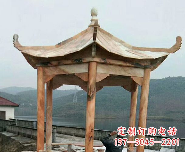 泉州园林晚霞红单层石凉亭景观石雕