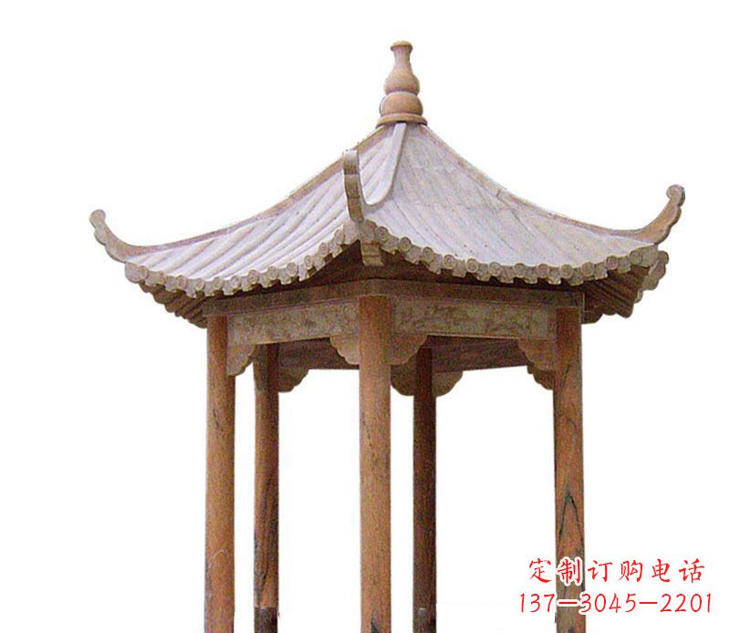 泉州园林晚霞红六角石凉亭景观石雕 (2)