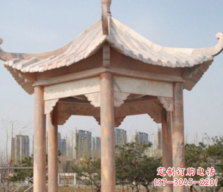 泉州园林晚霞红六角石凉亭景观石雕