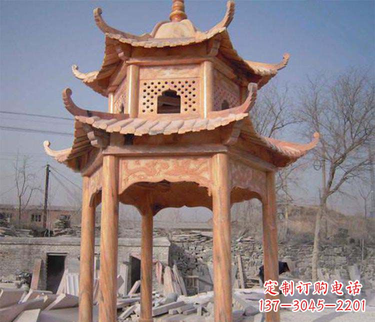 泉州园林晚霞红石凉亭景观石雕