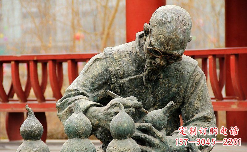 泉州园林在葫芦上刻字的老人小品铜雕