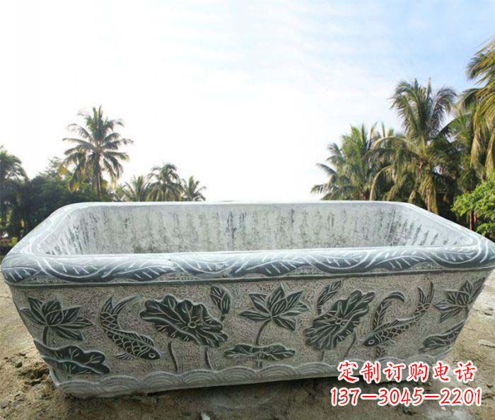 泉州长方形连年有余荷花浮雕石水缸