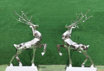 泉州梅花鹿雕塑-公园两只不锈钢镜面梅花鹿雕塑